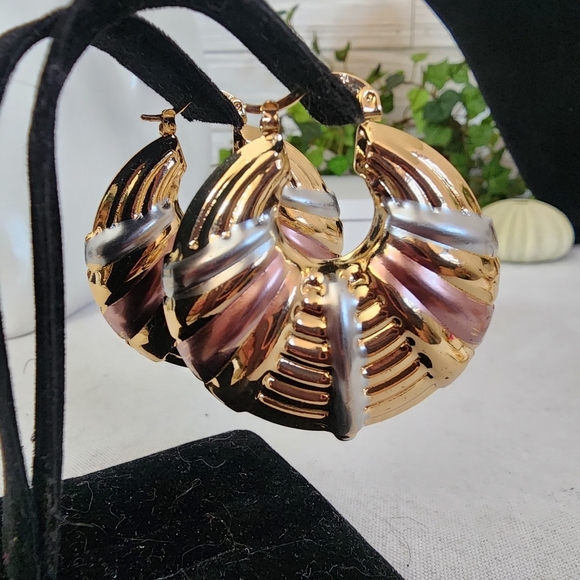 Gold Chunky Hoop Earrings Tricolor Accent - Picture 7 of 9